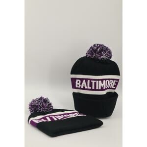 2-Pk Baltimore Football Beanie Hat Knit Pom Winter Cap Purple Black White Stripe